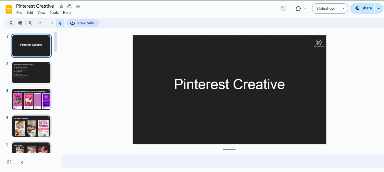 The first slide of Pinterest Creative file