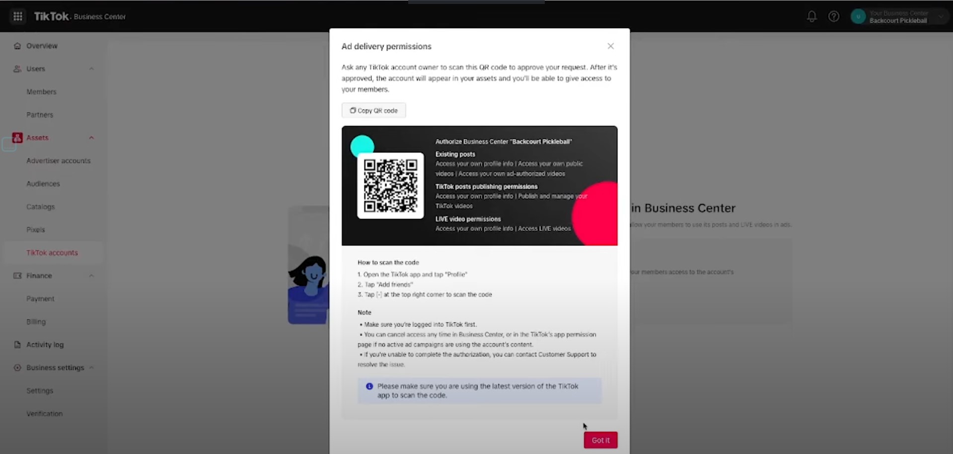 Ad delivery permissions with the QR code