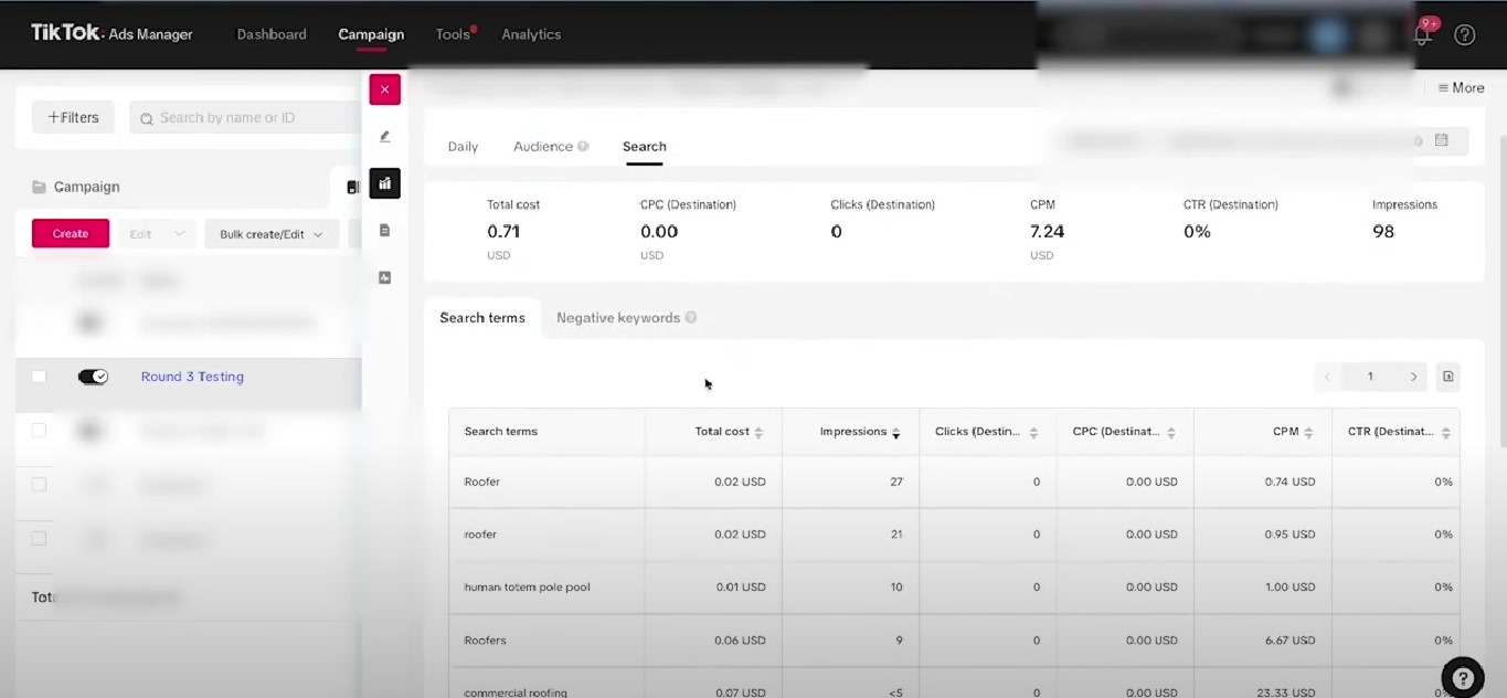 Search option in TikTok ads dashboard